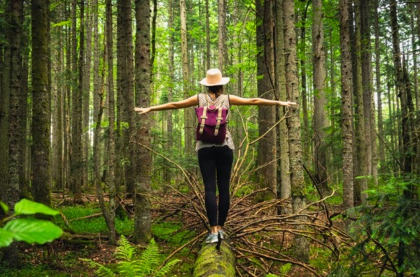 Woman walking on a downed tree trunk.